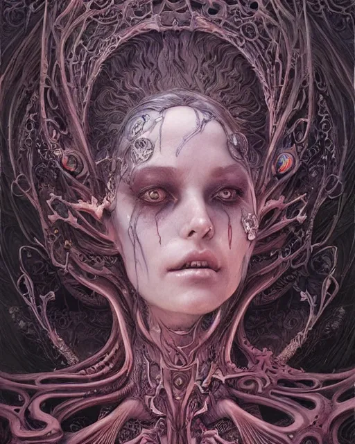 Prompt: a beautiful detailed front view portrait of a dead rotten princess with cyberpunk ornate growing around, ornamentation, elegant, beautifully soft and dramatic lit, by wayne barlowe, peter mohrbacher, kelly mckernan