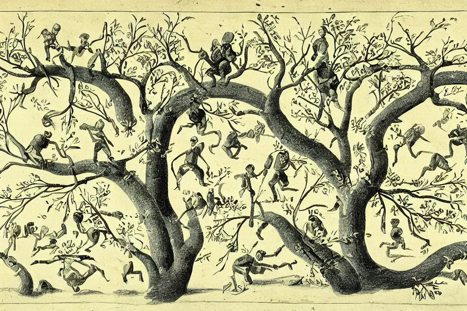 Prompt: detailed 18th century illustration of the evolutionary tree of fighter