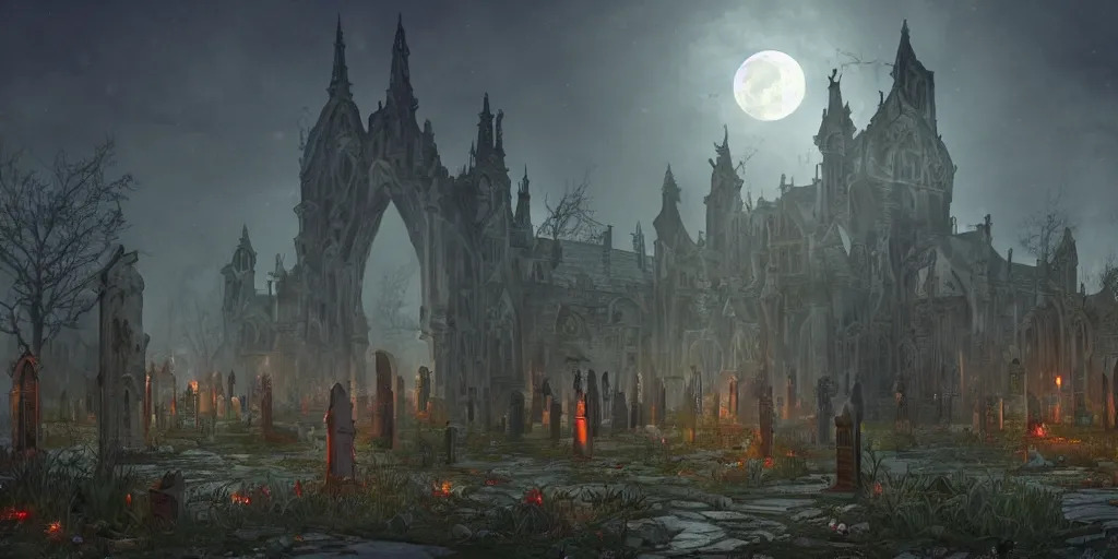 Prompt: an ultra detailed animation of a graveyard at midnight on halloween, digital art, dark fantasy, concept art, soulslike, by alphonse mucha, blood moon eclipse, ruined building in the background, artstation, 8 k, unreal engine render