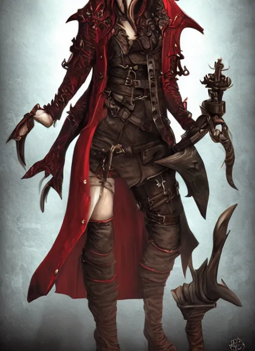 Prompt: female demonic pirate in a trenchcoat, goat horns, two flint - lock pistols, digital art, d & d, artstation, highly detailed