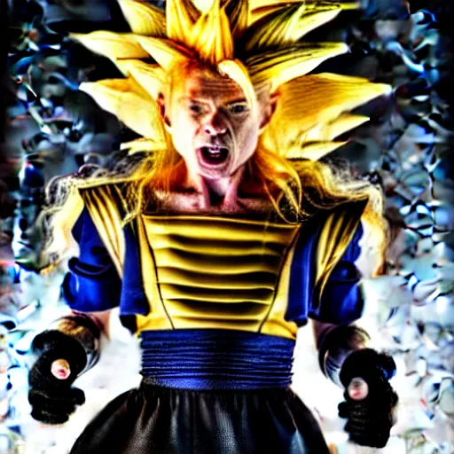 Image similar to uhd candid photo of hyperdetailed dave mustaine as a super saiyan. correct face, intricate costume, cinematic lighting, photo by annie leibowitz, and akira toriyama