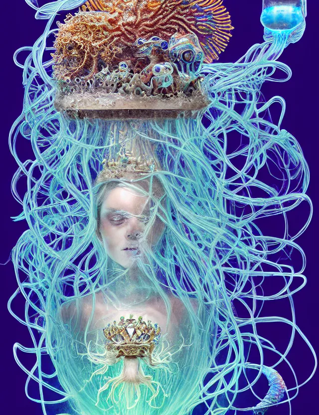 Image similar to goddess macro shouler portrait from bottom to top in crown made of ram skull. betta fish, jellyfish phoenix, bioluminiscent, plasma, ice, water, wind, creature, super intricate ornaments artwork by tooth wu and wlop and alex prager and greg rutkowski