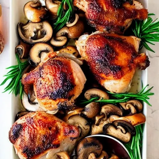 Image similar to delicious looking platter of roasted chicken thighs and huge mushrooms