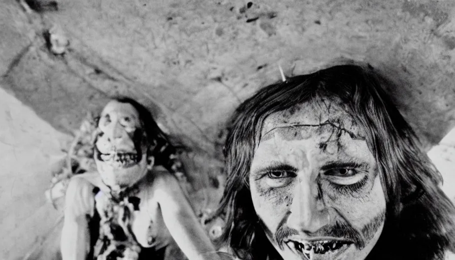 Image similar to 70s movie still close-up portrait of a man with a taxidermic bloody jaws and meat dress in a liminal space style tunnel, early black and white 8mm, heavy grain, high quality,