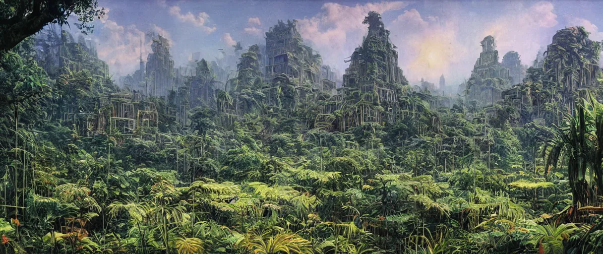 Prompt: matte painting of lost city overgrown with plants, vincent di fate, masterpiece,