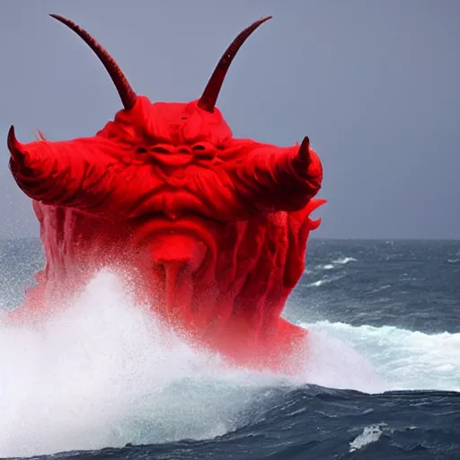 Image similar to a devilish red monster with horns emerging from boiling rough seas, photo by david lachapelle, s - 5 0