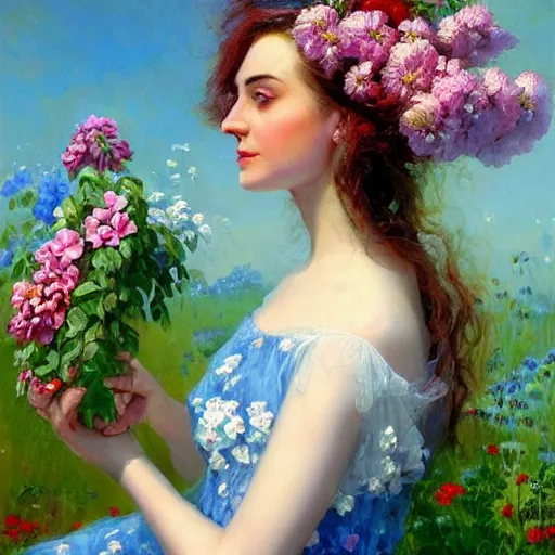 Image similar to a portrait of a romantic woman with flowers grow out of hair, roses peonies forget-me-nots dahlias lupins gladioli, sky theme in background, by Alexandr Averin, Digital Art, Trending on artstation