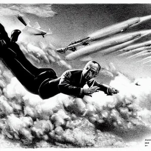 Image similar to vladimir putin in scene from dr. strangelove riding a bomb in the sky, cartoonish, ultra detailed pencil art, semi - realistic