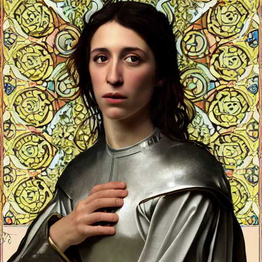 Image similar to portrait of charlotte gainsbourg as joan of arc, hyperreal digital painting, iconography influenced by alphonse mucha and eugene delacroix, arstation and deviantart trends, high resolution 8 k