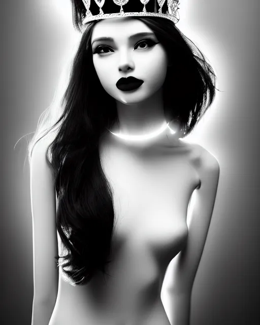 Prompt: black and white dreamy young beautiful female artificial intelligence with a techno crown, cinematic, rim light, bokeh, photo - realistic, elegant, high detail, 8 k, masterpiece, photo taken in 1 9 3 0