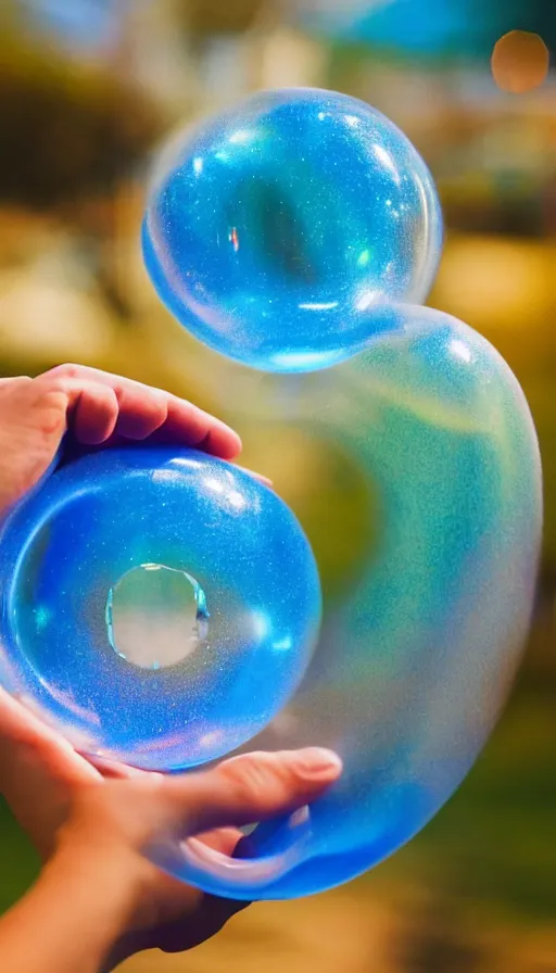 Prompt: photograph of two hands holding a 2ft slightly curved soft background blue blue oblong bubble filled with glowing AR hologram paragraphs in iMessage bubble formed between the arc between the thumb and index finger, AR sentences streaming from your mouth to your hands, chatting at Dolores Park sunset dappled golden hour light
