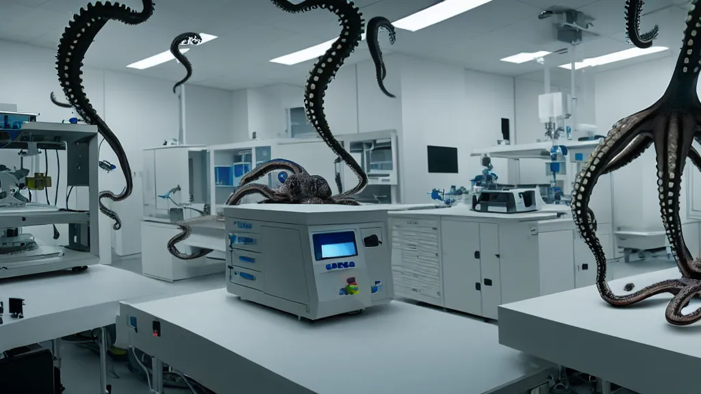 Prompt: a mri 3 d printer machine and control panels in the laboratory inspection room making mutant octopus forms, film still from the movie directed by denis villeneuve with art direction by salvador dali, wide lens