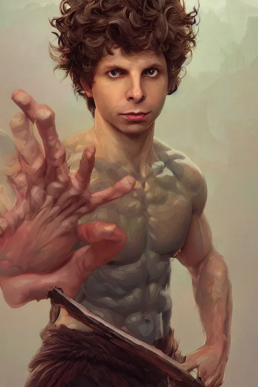 Image similar to portrait of michael cera as a hulking herculean demon, forest, godlike, full body, fantasy, intricate, elegant, highly detailed, digital painting, artstation, concept art, sharp focus, illustration, art by artgerm and greg rutkowski and alphonse mucha