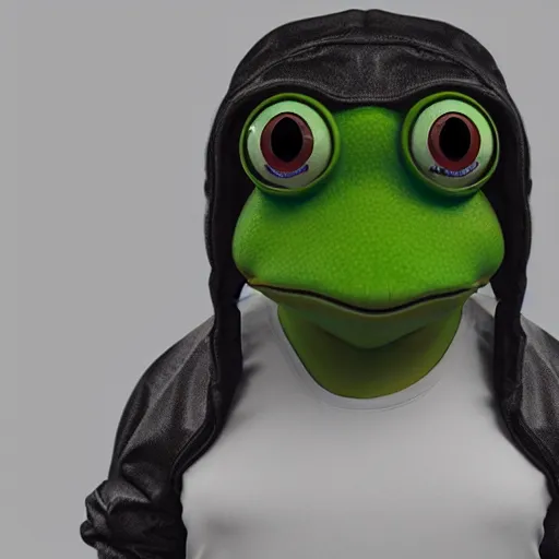 Image similar to a sadge - sad - pepe - the - frog, looking more depressed than usual, quivering lips, fists in the air, sweat flying, cgi render, zbrush, octane, keyshot render