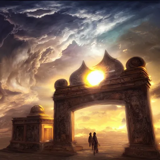 Prompt: Establishing shot of the Gate of Three Skies, digital art, Establishing shot of the Gate of Three Skies, trending on ArtStation, Establishing shot of the Gate of Three Skies, by Bragdon and Bernini, photorealism, style of aetherpunk, Establishing shot of the Gate of Three Skies, Dutch angle, 32K HUHD