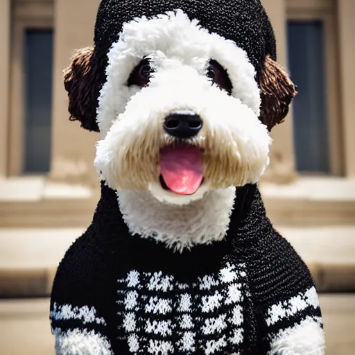 Image similar to a closeup photorealistic photograph of a cute smiling knitted bernedoodle judge dog dressed in a black gown, presiding over the courthouse. indoors, professional capture, well lit shot. this 4 k hd image is trending on artstation, featured on behance, well - rendered, extra crisp, features intricate detail, epic composition and the style of unreal engine.