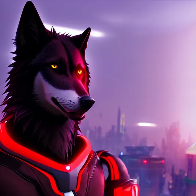 Image similar to portrait of a anthropomorphic black male wolf with red long red hair wearing futuristic clothes in a futuristic city, hyper detailed, digital art, trending in artstation, cinematic lighting, studio quality, smooth render, unreal engine 5 rendered, octane rendered, art style by pixar dreamworks warner bros disney riot games and overwatch.