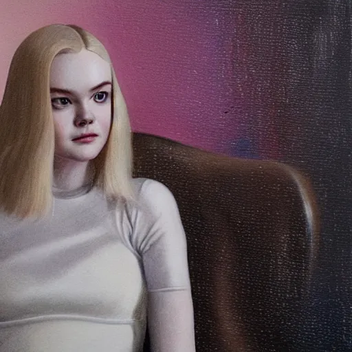 Image similar to Elle Fanning sitting on a white leather chair in the world of Samira Addo, head and shoulders portrait, stormy weather, extremely detailed masterpiece, oil on canvas, low-key neon lighting, artstation, Blade Runner 2049, Roger Deakin’s cinematography, by J. C. Leyendecker and Peter Paul Rubens and Edward Hopper and Michael Sowa,