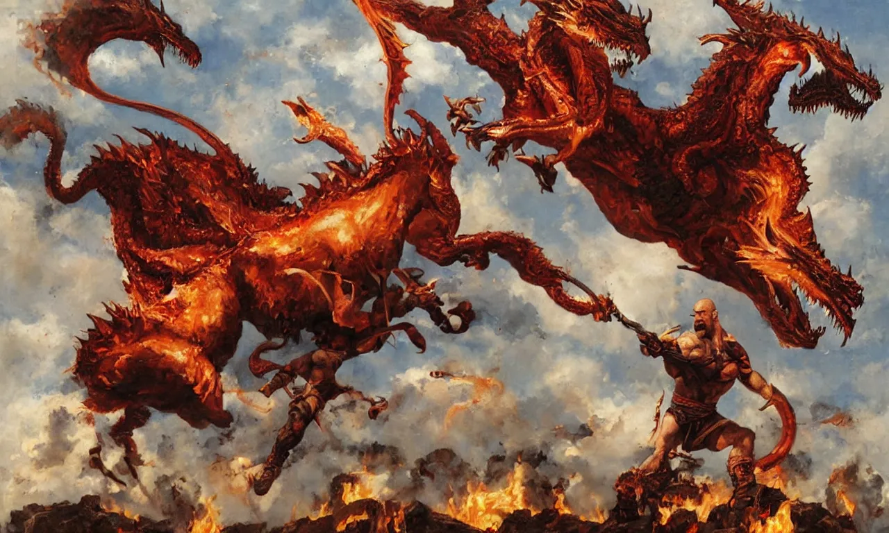 Image similar to a detailed oil painting rendition of kratos as lebron james riding a gigantic fire breathing dragon, art by norman rockwell