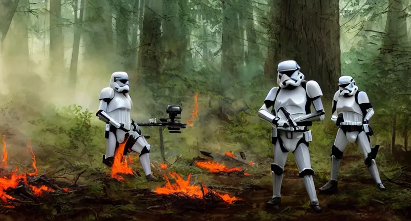 Image similar to stormtroopers shooting red blaster bolts at a young blonde jedi with short hair in a burned lifeless forest with burned trees and plants concept art by Doug Chiang cinematic, realistic painting, high definition, digital art, symmetrical, very detailed, extremely high detail, photo realistic, concept art, unreal engine 5, the Mandalorian concept art style