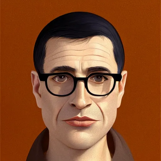 Prompt: 50 year old brunette man with very short hair, round face, circle face, circular face, wide face, round jaw, wide chin , romanian, silver small rimless glasses, romanian heritage, brown eyes, brown eyes, olive skin, round nose, round chin, clean shaven wide face, thin lips, digital art, concept art, cgsociety, painterly, painting, 8k, illustration, painting, dramatic, beautiful, art by loish loish loish, cartoon, stylized painterly, trending on artstation, medium shot, uncropped
