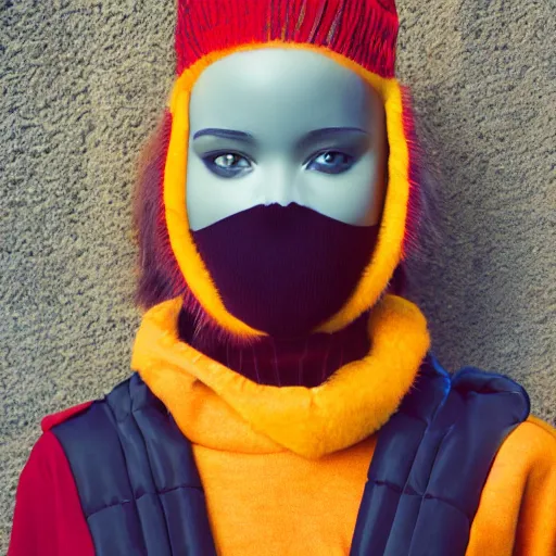 Image similar to realistic! photoshoot for a new balenciaga lookbook, color film photography, portrait of a beautiful woman wearing a balaclava puffer mask, photo in style of tyler mitchell, 35mm lens