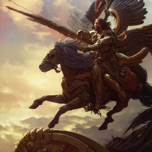 Image similar to an extremely detailed matte painting leroy jenkins as a terrifying valkyrie descending from valhalla on a pegasus, 8 k, sharp focus, detailed face, art by greg rutkowski and alphonse mucha