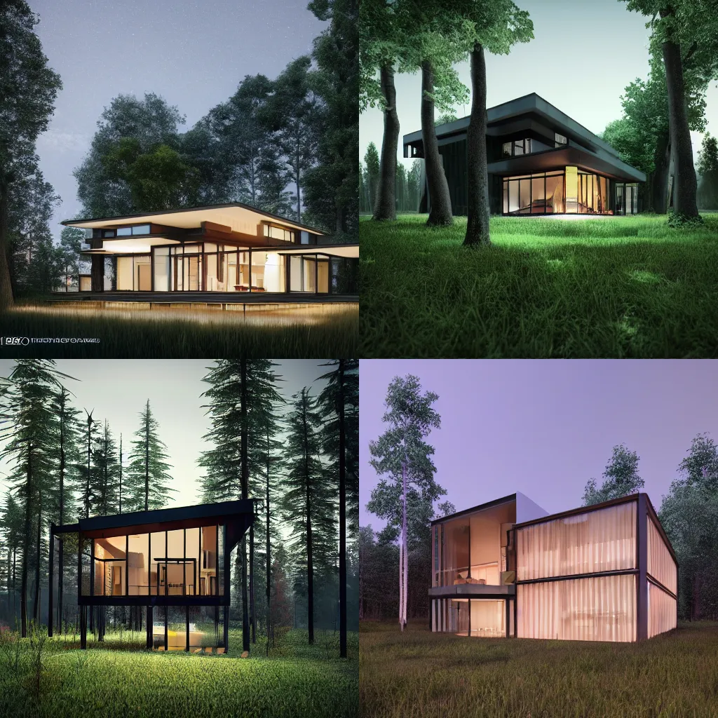 Image similar to a house in the middle of the forest, lights inside, contemporary architecture, architecture render, unreal engine, detailed