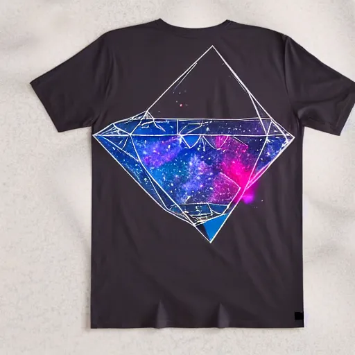Prompt: photo of a t - shirt with a cool galactic print in a triangular pyramid shape on the chest in the style of maximalism, product photo