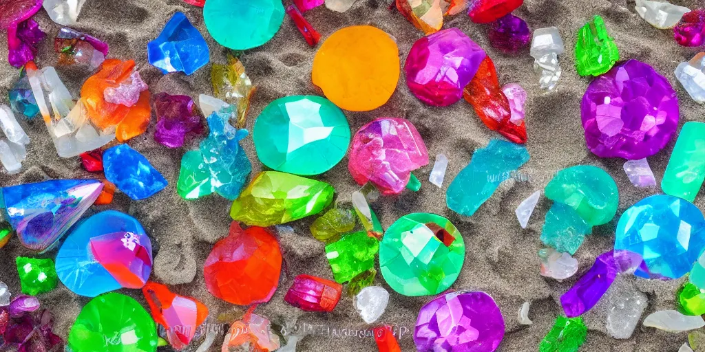 Image similar to Round, transparent and colorful crystals on the beach by the sea, professional photography