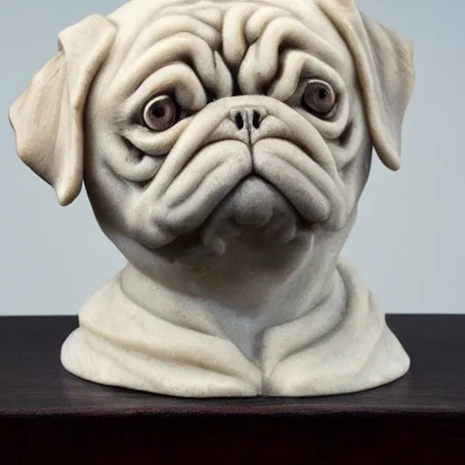 Prompt: Marble bust depicting the head of a pug