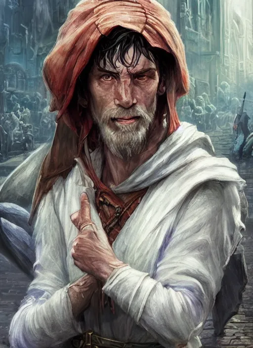 Prompt: poor beggar on the streets, bright, white, ultra detailed fantasy, dndbeyond, bright, colourful, realistic, dnd character portrait, full body, pathfinder, pinterest, art by ralph horsley, dnd, rpg, lotr game design fanart by concept art, behance hd, artstation, deviantart, hdr render in unreal engine 5