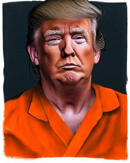 Image similar to a headshot portrait of Donald trump wearing a orange jumpsuit, sitting on the floor of a filthy rat infested concrete jail, dimly lit, volumetric lighting, in jail by craig mullins and Annie Leibowitz, octane, 8k,