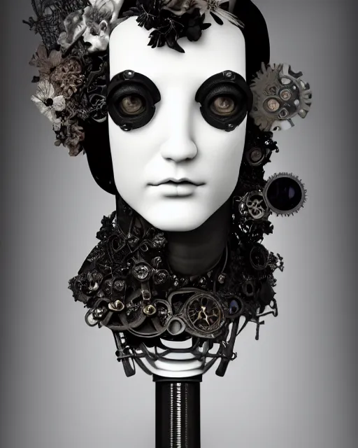 Image similar to black and white dreamy foggy smoky profile face portrait, one silver steampunk eye biomechanical beautiful young female cyclope - cyborg - robot bust, body ribs meshes,, volumetric light, hibiscus flowers, by hg giger, rim light, by dora maar and cecile beaton, big gothic fashion pearl embroidered collar, 8 k