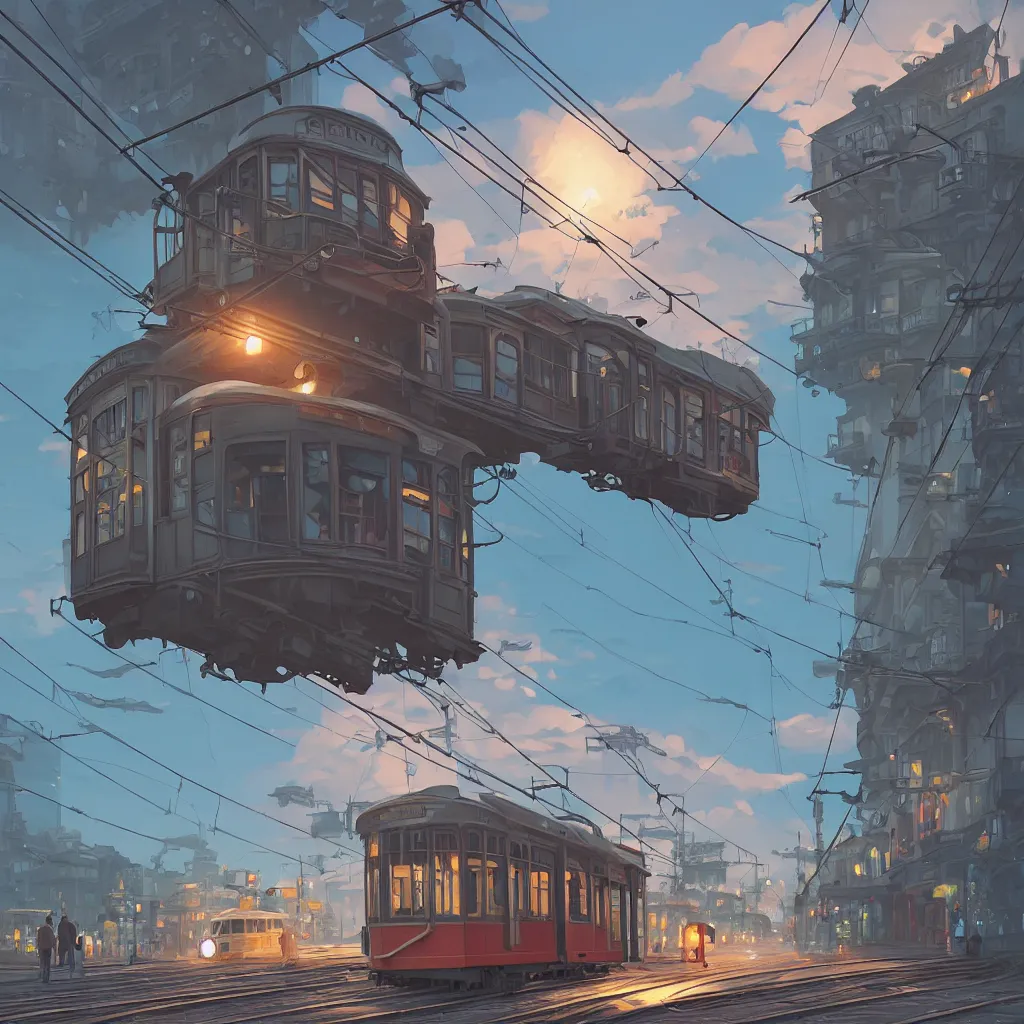 Image similar to a streetcar is running on the maple leaf sea, unreal engine, fantasy art by greg, loish, rhads, ferdinand knab, makoto shinkai and lois van baarle, ilya kuvshinov, rossdraws, tom bagshaw, night lighting, trending onstudio ghibli, highly detailed, octane render, 8 k