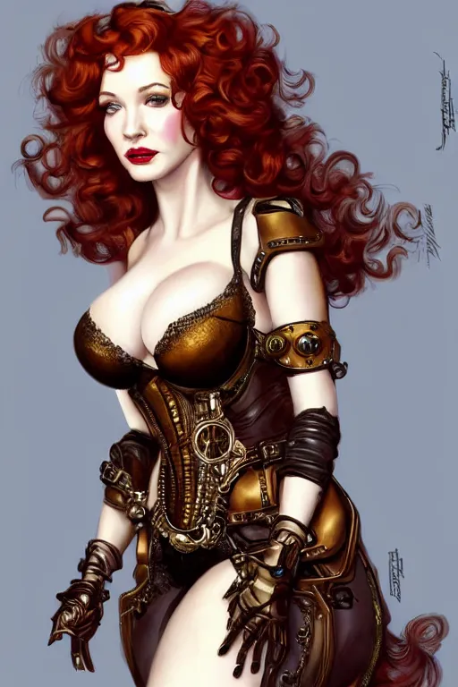 Prompt: three-quarters pose portrait of Christina Hendricks as a sensual Lady Mechanika, very beautiful young woman, ginger wavy hair, Victorian-era push-up underwire. Intricate, steampunk imagery themed, D&D!, fantasy style, sharp focus!, ultra detailed, art by Artgerm and Peter Andrew Jones, WLUP