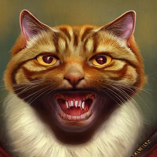 Image similar to ginger vampire cat in the museum, cuddly fur, highly detailed, sharp focus, digital painting, artwork by Victor Adame Minguez + Yuumei + Tom Lovell + Sandro Botticelli