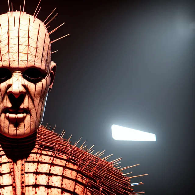 Prompt: pinhead from hellraiser movie, 8 k ultra realistic, lens flare, atmosphere, glow, detailed, intricate, full of colour, led lighting, 4 k, hyperrealistic, focused, extreme details, unreal engine 5, masterpiece