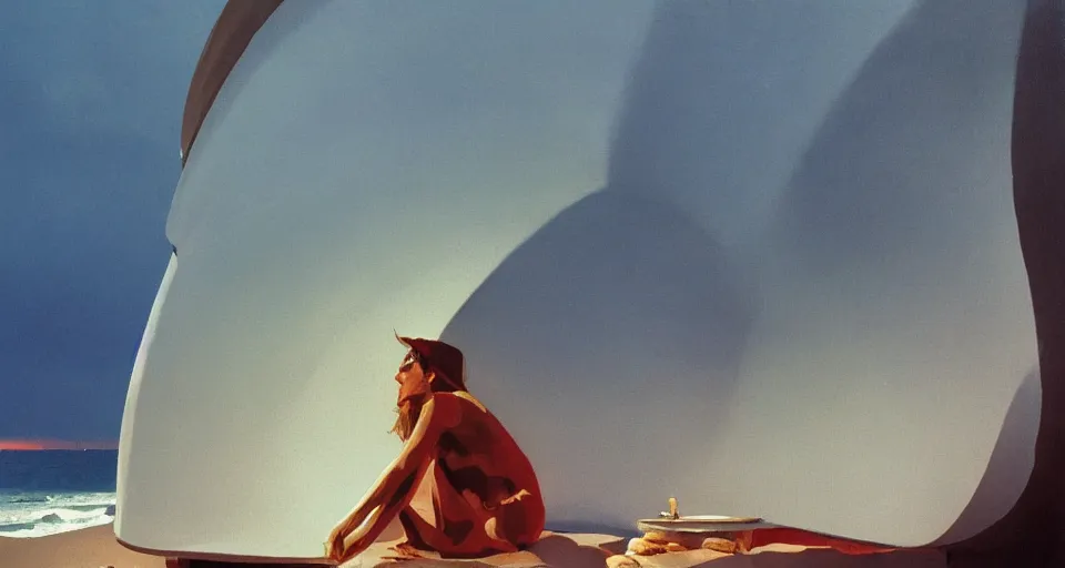 Image similar to a hermit girl outside her seashell home, atmospheric cinematography by syd mead