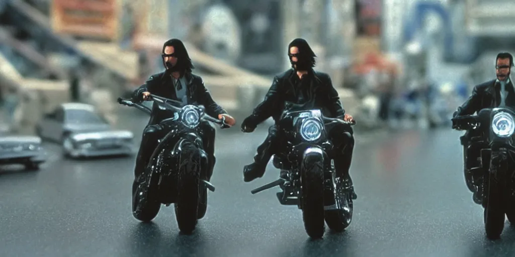 Image similar to beautiful hyperrealism three point perspective film still of Keanu Reeves as neo in bullet time aiming at agent smith in a nice oceanfront promenade motorcycle chase scene in Matrix meets kagemusha(1990) extreme closeup portrait in style of 1990s frontiers in translucent porcelain miniature street photography seinen manga fashion edition,, tilt shift style scene background, soft lighting, Kodak Portra 400, cinematic style, telephoto by Emmanuel Lubezki