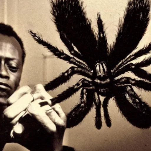 Prompt: miles davis petting a giant hairy spider with big eyes