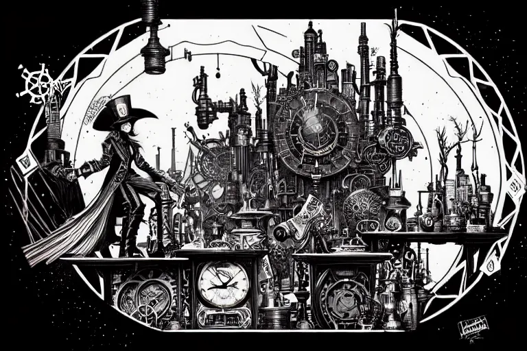 Prompt: a majestic steampunk alchemist wizard table, high details, bold line art, by vincent di fate and joe fenton, inking, etching, screen print, masterpiece, trending on artstation, sharp, high contrast, hyper - detailed, clean strokes, hd, 4 k, 8 k