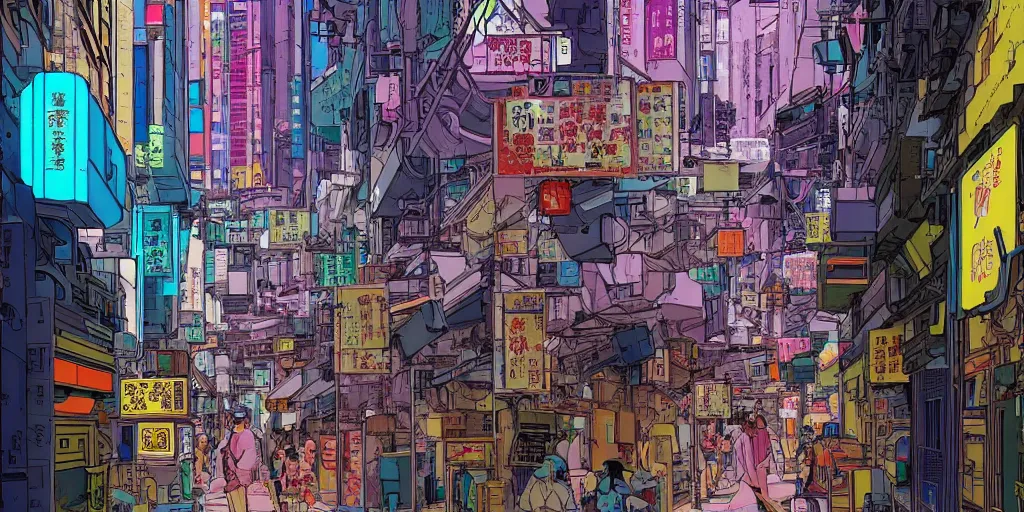 Prompt: a cyberpunk hong kong alley with robots and humans walking around by moebius, takashi murakami color palette, clear details
