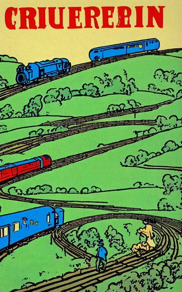 Prompt: blue and green train in the country, vintage poster, herge style,