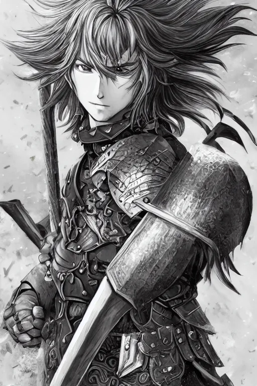 Prompt: A realistic anime portrait of a young handsome male barbarian with long wild hair, intricate fantasy spear, plated armor, D&D, dungeons and dragons, tabletop role playing game, rpg, jrpg, digital painting, by Ayami Kojima and Yusuke Murata, digtial painting, trending on ArtStation, SFW version