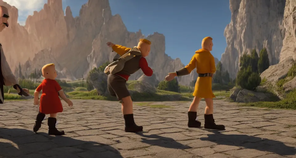 Image similar to An epic fantasy style painting of tintin meeting a famous person , unreal 5, DAZ, hyperrealistic, octane render, volumetric clouds dynamic lighting