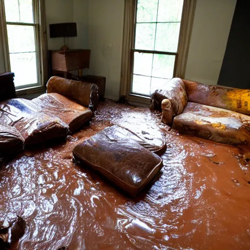 Image similar to old couches in a family room flooded with muddy water