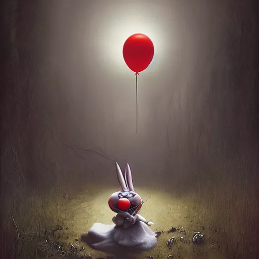 Image similar to matte painting of bugs bunny with a wide smile and a red balloon by Zdzisław Beksiński, loony toons style, pennywise style, corpse bride style, creepy lighting, horror theme, detailed, elegant, intricate, conceptual, volumetric light