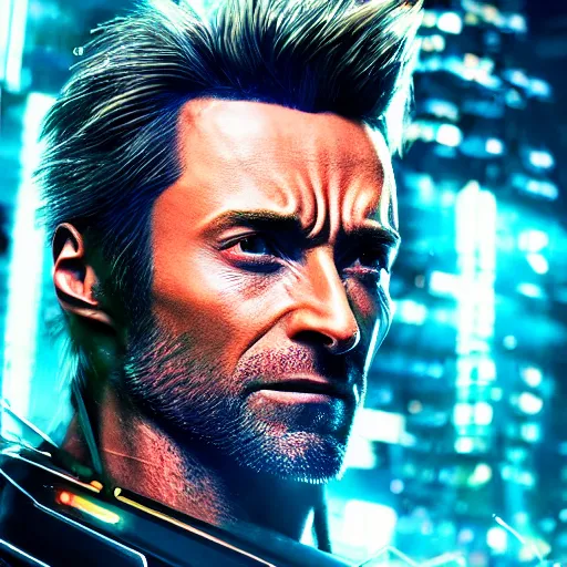 Image similar to hugh jackman portrait, cyberpunk 2 0 7 7, cyberpsycho, photorealistic, ultra detailed, neon, octane rendered, bokeh, cinematic lighting, cyber, cyberpunk city, studio quality, feature, scars, cyberface, 8 k