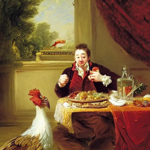 Prompt: british comedian david mitchell eats a turkey for christmas, oil on canvas, by jean honore fragonard